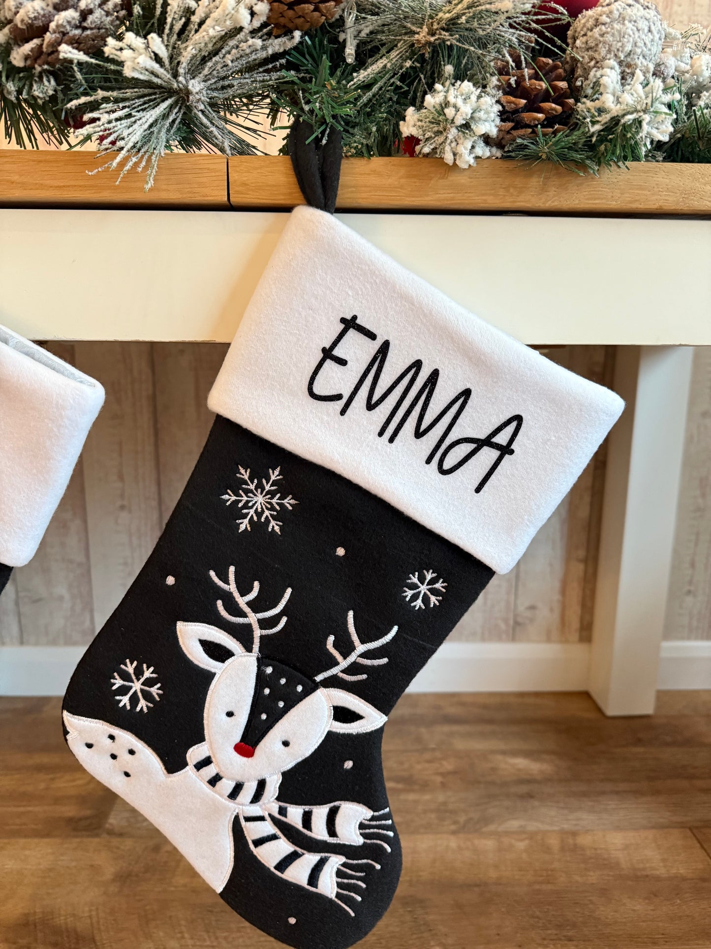 Black & White Reindeer Personalised Christmas Stocking