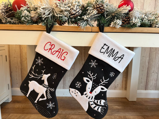 Black & White Reindeer Personalised Christmas Stocking