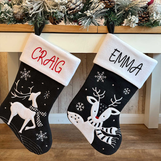 Black & White Reindeer Personalised Christmas Stocking