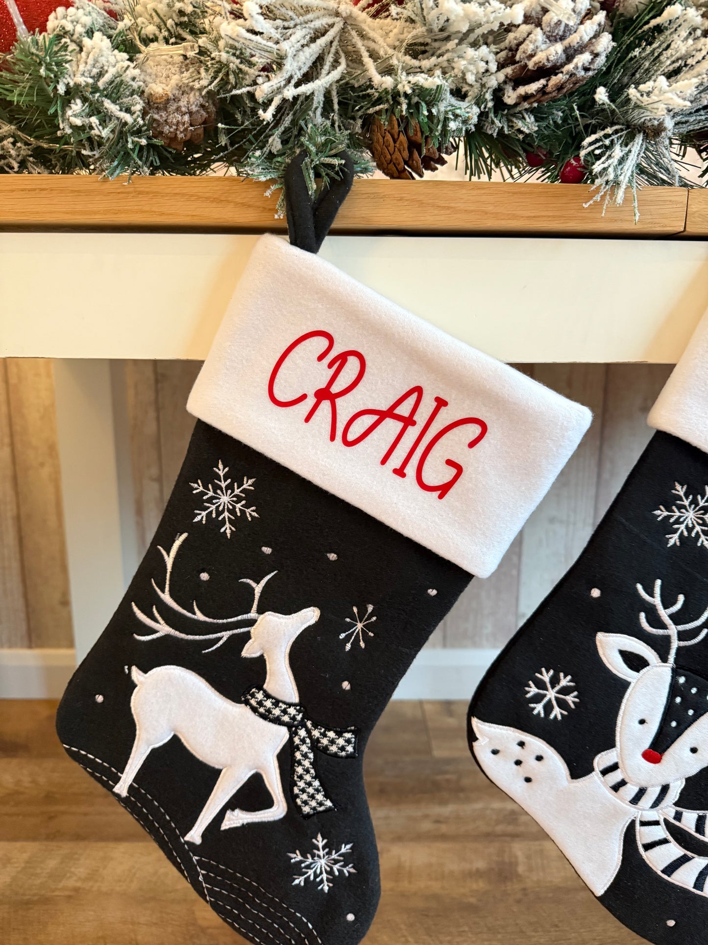 Black & White Reindeer Personalised Christmas Stocking
