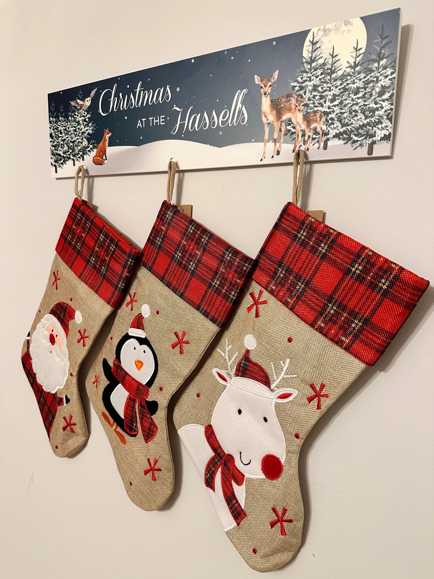 Personalised Family Christmas Wall Stocking Hangers | Gonk Family Sign | Woodland Sign | Wooden Sign