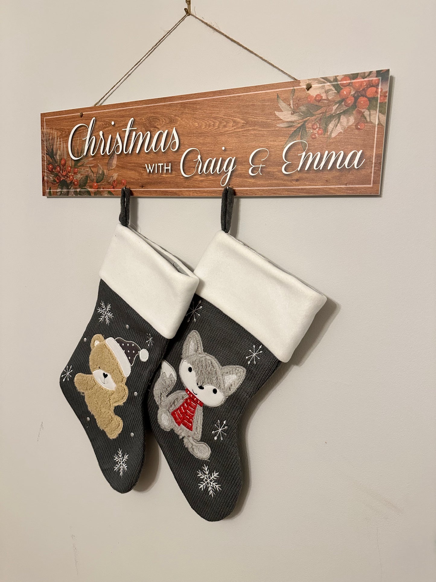 Personalised Family Christmas Wall Stocking Hangers | Gonk Family Sign | Woodland Sign | Wooden Sign