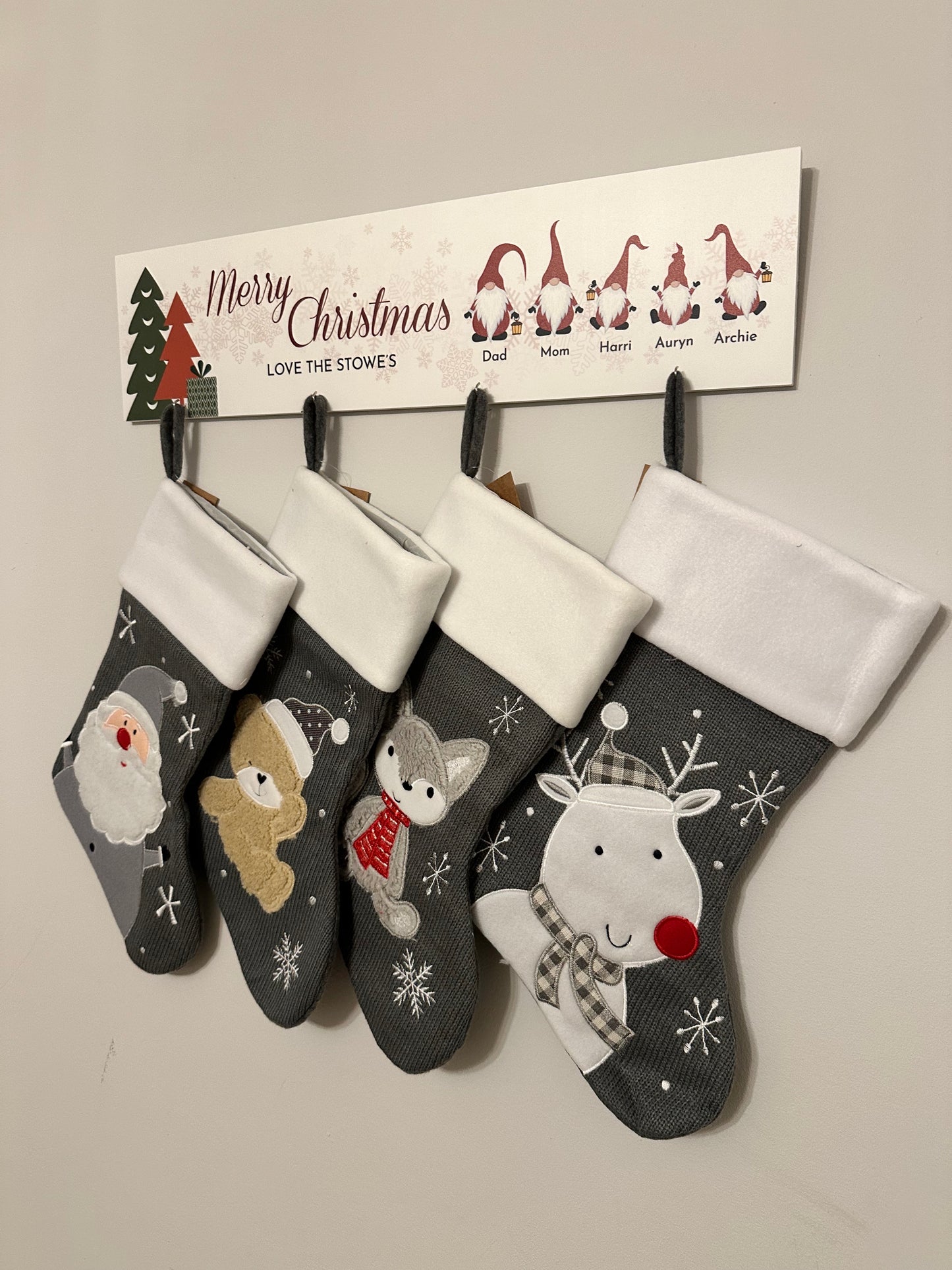 Personalised Family Christmas Wall Stocking Hangers | Gonk Family Sign | Woodland Sign | Wooden Sign